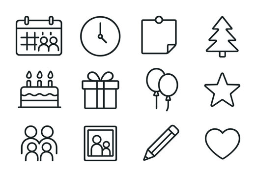 Family Calendar Icons. Outline icon set of personalized family calendars: wall calendar, clock, sticky note,