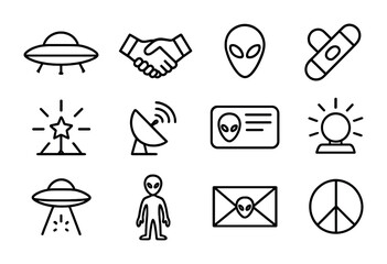 Alien Contact Icons. Outline icon set of alien contact exploration: flying saucer, handshake, extraterrestrial