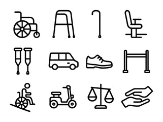 Elderly Mobility Icons. Outline icon set of mobility support for elderly: wheelchair, walker, walking cane,