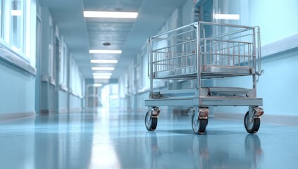 Hospital corridor with a metal utility cart