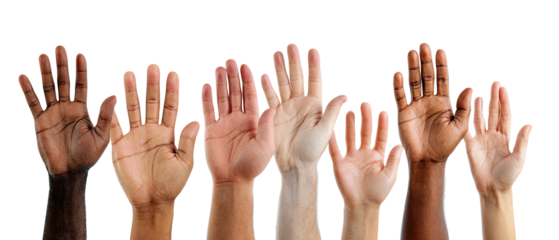 Diverse hands raised in a group (1)