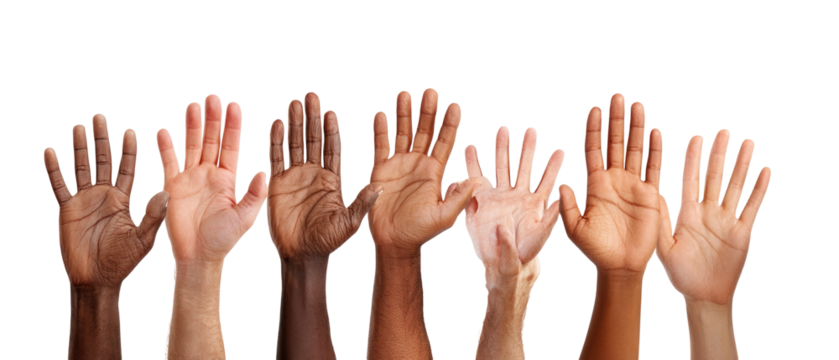 Diverse hands raised in a collective gesture - Powered by Adobe