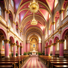Fototapeta premium Pink and Gold Church Interior: Stunning Architectural Design