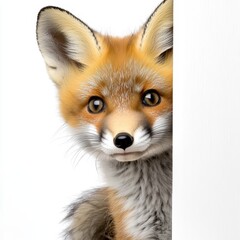 Fototapeta premium A baby fox peeking out shyly, bushy tail curled, warm white background, copy space below,