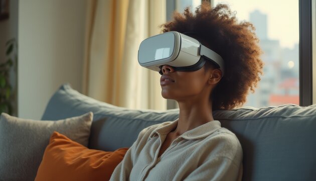 Young African American woman wearing VR headset in living room