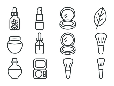 Herbal Makeup Icons. Outline icon set of herbal makeup: flower essence bottle, tinted balm, pressed powder,