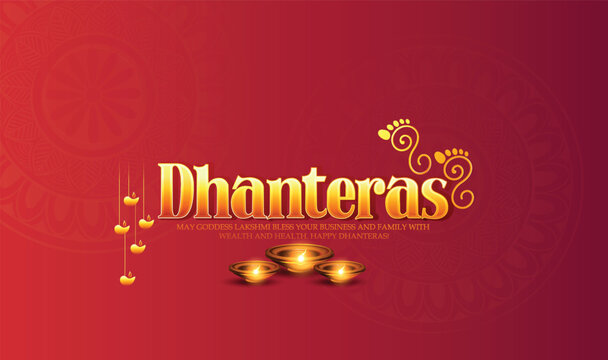 illustration of a golden pot overflowing with coins beside sacred footprints and a swastika symbol, conveying Dhanteras and Diwali themes of wealth, blessings, home puja and prosperity.