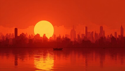 Fiery Sunset over City Skyline