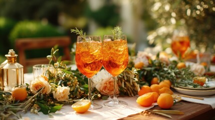 Two spritz cocktails on outdoor table with flowers and fruit. Refreshing peach colored drinks for summer celebration outdoor.