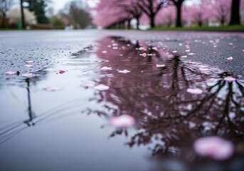 Fototapeta premium Reflection of cherry blossoms in a puddle after rain on a street