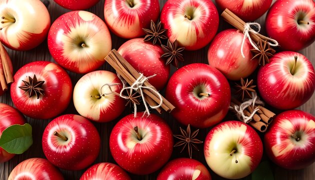 Red apples arranged on a wooden surface with cinnamon sticks and star anise