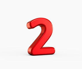 Fototapeta premium Vibrant red metallic 3D number 2 standing on a clean white background. 3d illustration