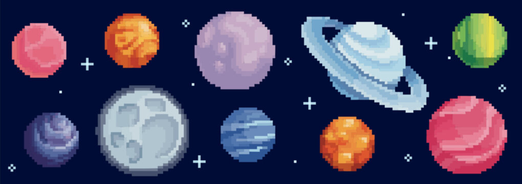 Colorful pixel planet set with space elements - moon and gas giants, ringed worlds and terrestrial spheres on dark blue cosmos background. 8 bit celestial bodies for retro game or sci fi artwork.