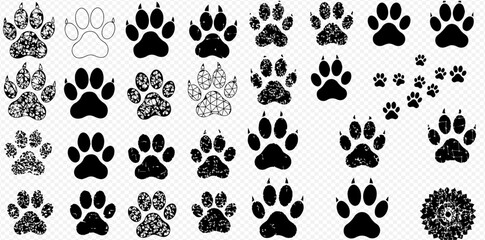 Collection of various black and white paw print illustrations in different styles and sizes on a transparent background. © Adji