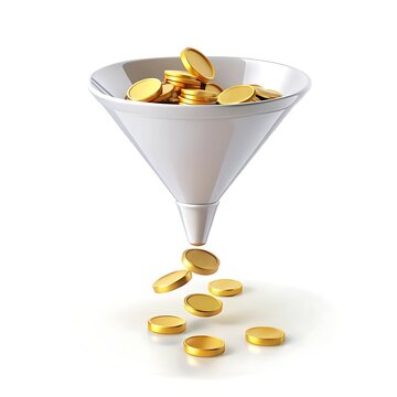 Gold coins flowing through a funnel isolated on white background