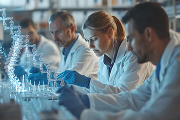 Team of scientists collaborate on a cuttingedge project, analyzing a digital DNA strand.  The image conveys innovation, research, and technological advancement in a modern lab setting.