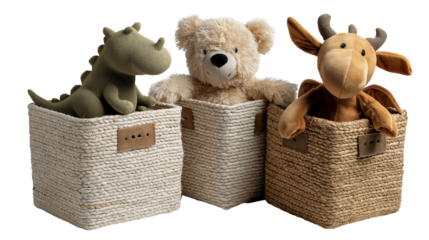 Natural storage baskets filled with cute stuffed animals, dinosaur teddy bear and moose for children nursery bedroom organization and toy storage on transparent background.