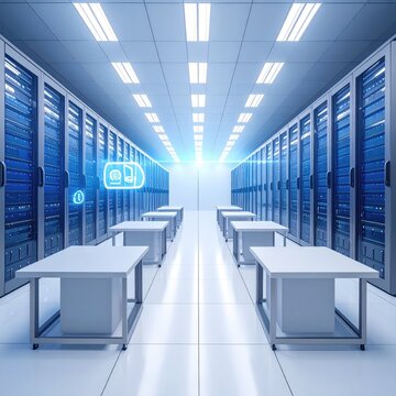 An illuminated, sterile server room with parallel rows of servers and tables leads to a bright glow at the end of the room