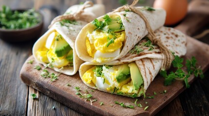Two breakfast burritos with scrambled eggs and fresh avocado on a rustic wood board, a healthy meal concept.