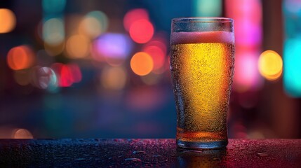 Glass of beer with condensation drops at a bar counter with colorful bokeh lights. Refreshing drink for celebration or nightlife advertising.