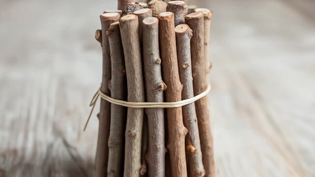 Bundle of Natural Brown Twigs Tied with Cord on a Light Wooden Surface Creating a Rustic Aesthetic in Soft Lighting