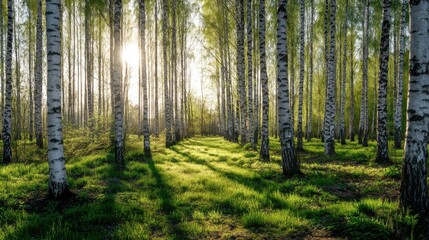 Obraz premium Bright sun rays filtering through a serene birch forest, illuminating a lush green meadow, creating a peaceful scene.