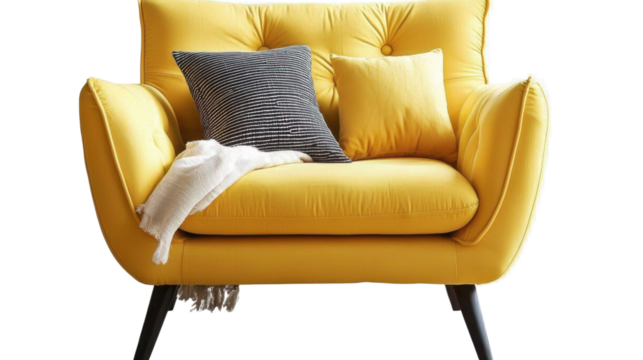 A stylish and inviting yellow armchair with a black and white striped pillow and a comfortable yellow pillow png isolated on transparent background. - Powered by Adobe