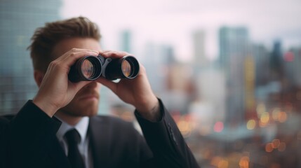 Young man in suit looking through binoculars. Businessman searching for future business opportunities. Prospecting new horizon for leadership.
