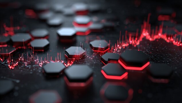 Abstract geometric pattern with glowing hexagons and data visualization