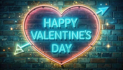 Neon heart with arrow on a brick wall displays "Happy Valentine's Day". Flickering lights add charm, creating a romantic glow