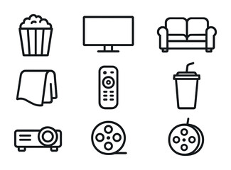 Movie Night Icons. Outline icon set of movie afternoon: popcorn, TV screen, sofa, blanket, remote control,