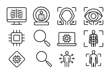 AI Medical Icons Set. Outline icon set of AI medical imaging: X-ray screen, CT scan, brain scan, eye scan, AI
