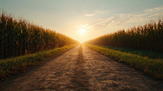 Dirt road through a corn field at sunset. Rural farming landscape. Countryside agriculture backdrop for nature concept.