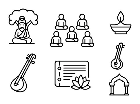 Gurukul Icon Set. Outline icon set of Indian gurukul system: guru under tree, students sitting, scroll, lamp,
