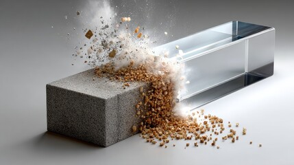 Small rocks and crystal fragments are floating above a smooth surface, creating an interesting and captivating visual contrast