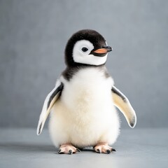 A baby penguin standing awkwardly, fluffy down, cool gray background, copy space below,