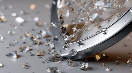 Small rocks and crystal fragments are floating above a smooth surface, creating an interesting and captivating visual contrast