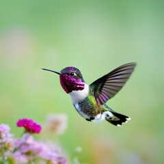 Naklejka premium A tiny hummingbird hovering, iridescent wings, pastel green background, copy space on the left,