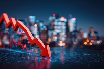 A red downward-trending graph against a blurred cityscape at night