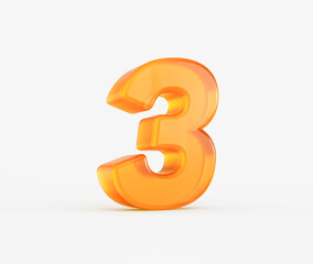Glossy orange 3D number three with rounded curves, set against clean white. 3d illustration