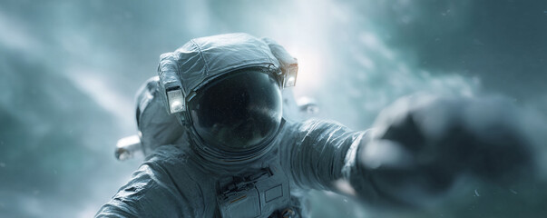 Astronaut floating in vast expanse. Spacesuit detail, helmet reflection. Exploration, adventure, technology concept. For science, future,  innovation themes.