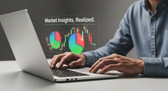 Person using laptop with holographic financial charts and data analysis market insights stock market - Powered by Adobe