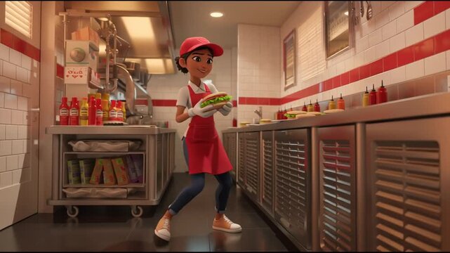 quiet quiet alone female assembler holding a sandwich, while holding a sandwich, starts rhythmically hiphop dancing, empty kitchen --motion low 1 --aspect 91_51_4K_10s