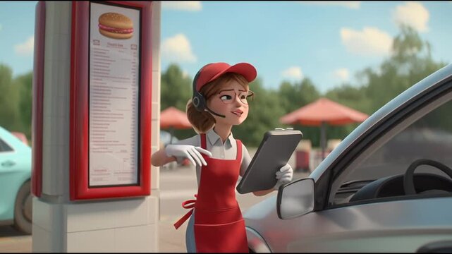 quiet quiet alone female teenage drive-thru worker rhythmically shaking tablet in her hands up-and-down, while boogie dancing, hips swaying in motion, beside static car, empty outdoor lot --motion