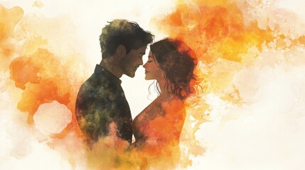 Romantic couple embracing with watercolor background during daytime
