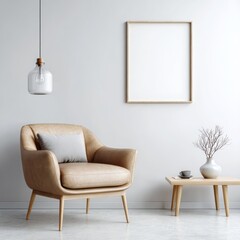 A minimalist living room scene with a light beige armchair, a wooden coffee table, and a blank framed print.