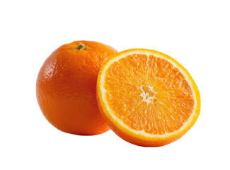 Two oranges, one whole and one sliced, vibrant orange color,  isolated on black background