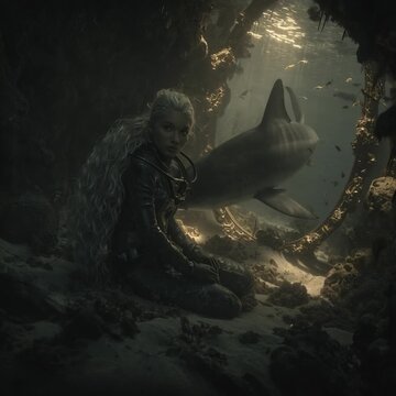 semi realistic deep scuba diver woman with long wavy hairs trpped in the depths and dark of the ocean