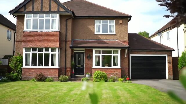 Beautiful Traditional English Family Home Exterior with Manicured Lawn and Garage