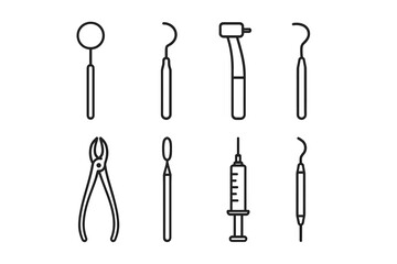 Dental instruments set: mirror probe drill forceps syringe line art